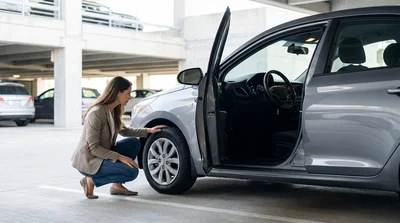 Close-up of a person checking the tyre of a car rental parked on a New York street