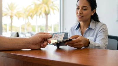 Customer handing a driving licence to an agent at a car rental desk in Florida