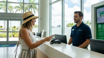 Customer handing a credit card to an agent at a car rental counter in Miami
