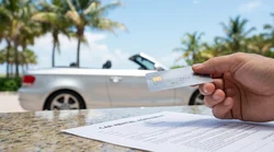 Person holding a credit card next to a white car hire vehicle in sunny Florida