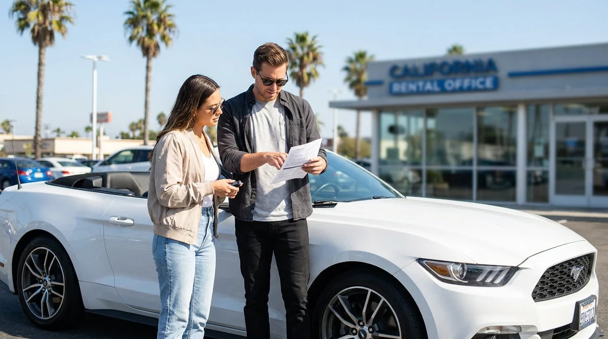 Person driving a white car rental along a scenic coastal highway in California