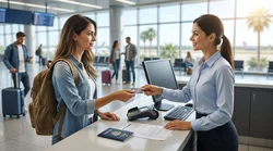 Close-up of a person presenting a physical credit card at a car hire desk in Texas