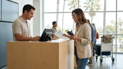 Person handing travel documents to an agent at a California car rental counter