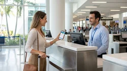 A traveler picking up keys at a car rental desk inside Miami Airport