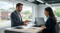 Customer handing a company credit card to an agent at a car hire counter in Pennsylvania