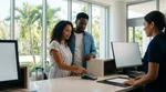 Man holding a credit card and keys at a car hire desk inside a sunny Florida hotel
