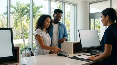 Man holding a credit card and keys at a car hire desk inside a sunny Florida hotel