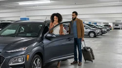A person inspecting the interior of a vehicle at a car rental lot in New York with tall skyscrapers behind it