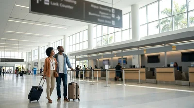 Travelers with luggage at a shared car hire counter inside Miami Airport