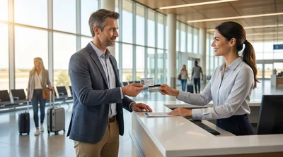 Person handing a driver's license to an agent at a car rental desk in Texas