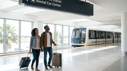 Traveler walking with luggage past a car rental direction sign in Miami Airport Terminal D