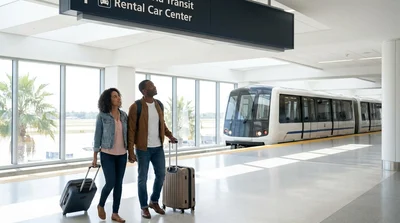 Traveler walking with luggage past a car rental direction sign in Miami Airport Terminal D
