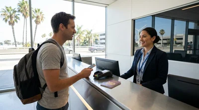 Person holding a credit card inside a modern car hire parked on a sunny street in California