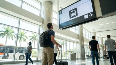 Passengers pulling rolling luggage toward a car rental shuttle bus outside the terminal at Miami airport