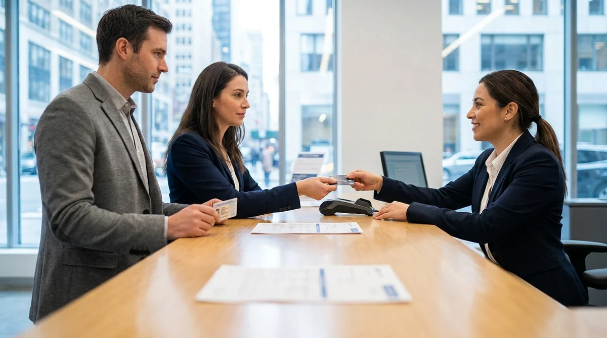 Couple handing a credit card to a car rental agent at a counter in New York