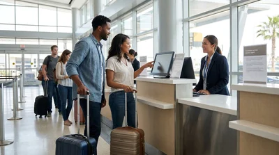 Travelers waiting at shared car rental counters inside the Las Vegas airport terminal