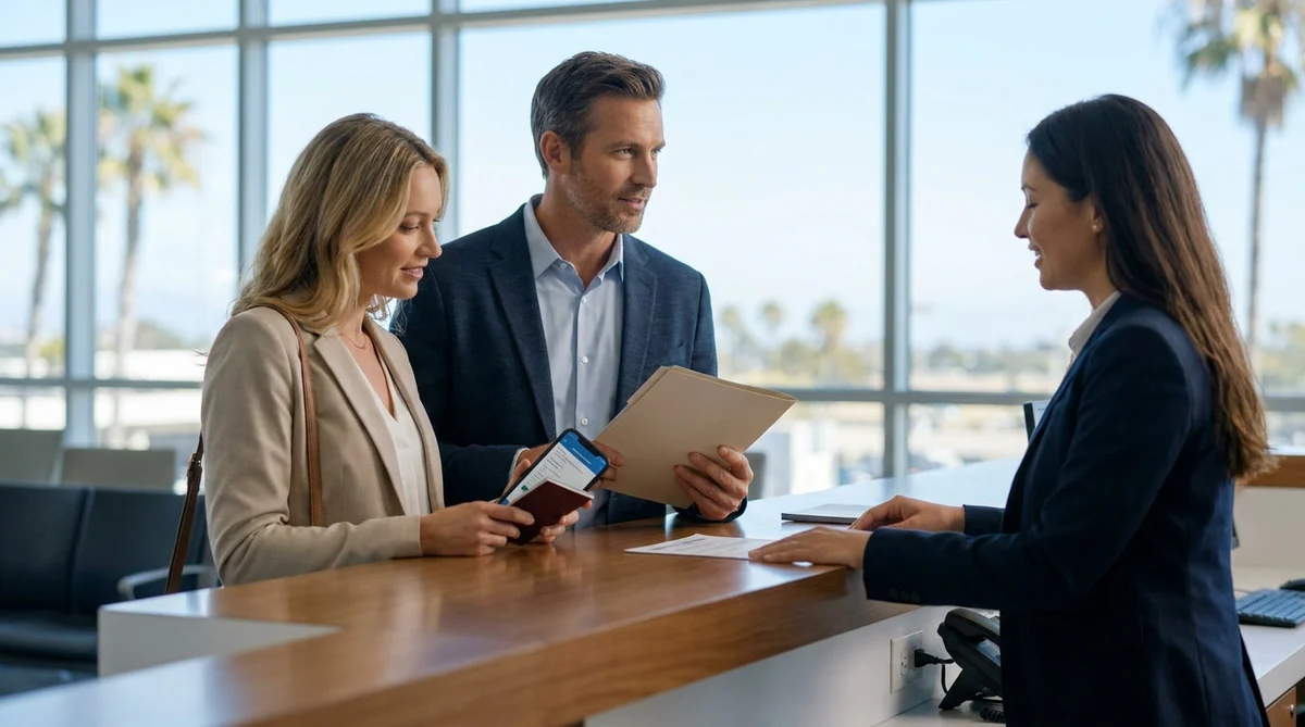 A customer receiving keys from an agent at an airport service desk for a car rental in California