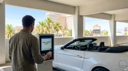 Silver car rental parked in a Las Vegas hotel garage with focus on the rear license plate