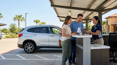 Silver car rental driving down a long desert highway in Texas under a bright blue sky