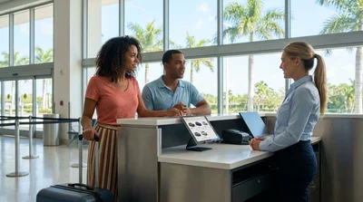 Traveler with luggage waiting at an airport car rental counter in Florida