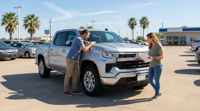 Person comparing paperwork to the license plate of a car rental parked in Texas