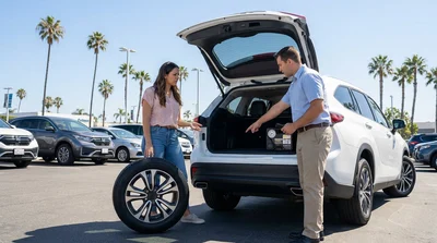 Driver checking a spare wheel in the trunk of a car rental parked on a California coastal road