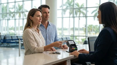 Customer handing a credit card to an agent at a car rental desk with a sunny Florida beach outside