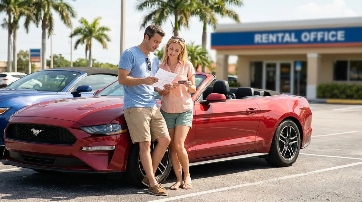 White car rental parked under tall palm trees along a sunny coastal road in Florida