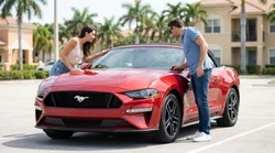 Person inspecting the tire of a white car rental parked on a sunny street in Miami