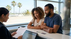 Customer handing an ID card to an agent at a car rental desk in Los Angeles