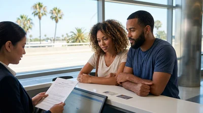 Customer handing an ID card to an agent at a car rental desk in Los Angeles
