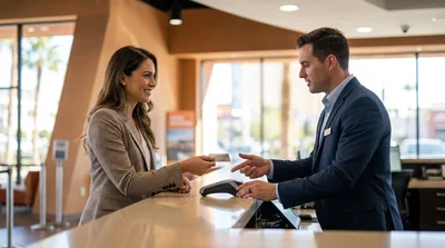 Customer handing a credit card to an agent at a Las Vegas car hire desk