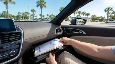 Driver checking paperwork in the open glovebox of a car rental in sunny Florida