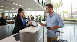 Traveler holding a boarding pass at an airport car rental desk in Orlando
