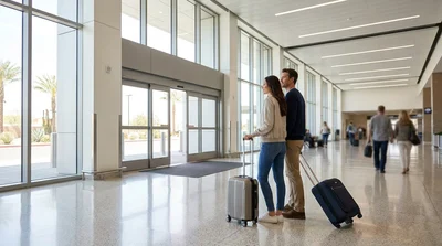Travelers with luggage waiting for the car rental shuttle outside Terminal 1 in Las Vegas