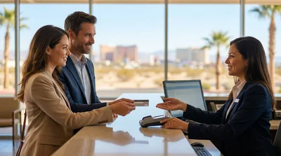Person holding two credit cards over a contract at a car rental desk in Las Vegas
