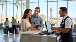 Close up of hands holding a passport and credit card at a Las Vegas car rental desk
