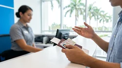 Hands on the steering wheel of a car rental driving down a sunny palm-lined street in Orlando