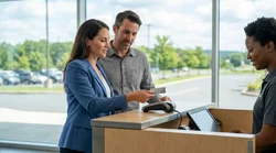 Customer handing a credit card to a clerk at a car hire desk in Pennsylvania