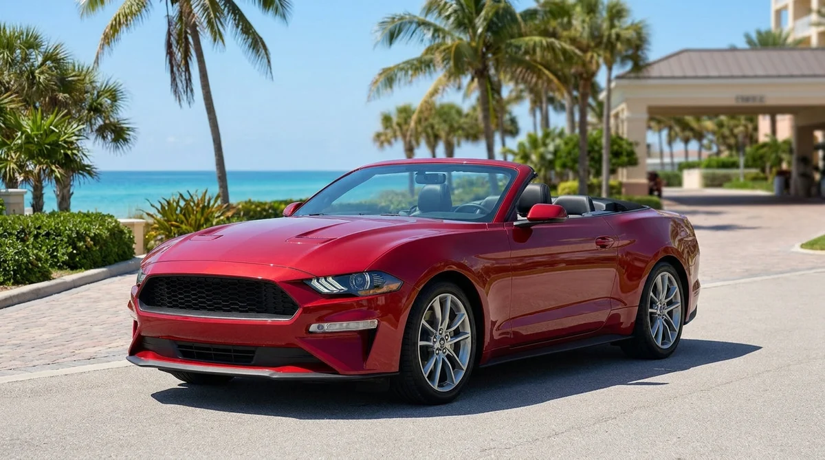 Red convertible car rental driving on a sunny palm-lined coastal road in Florida