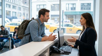 A traveler receiving keys at a New York car rental pick-up counter