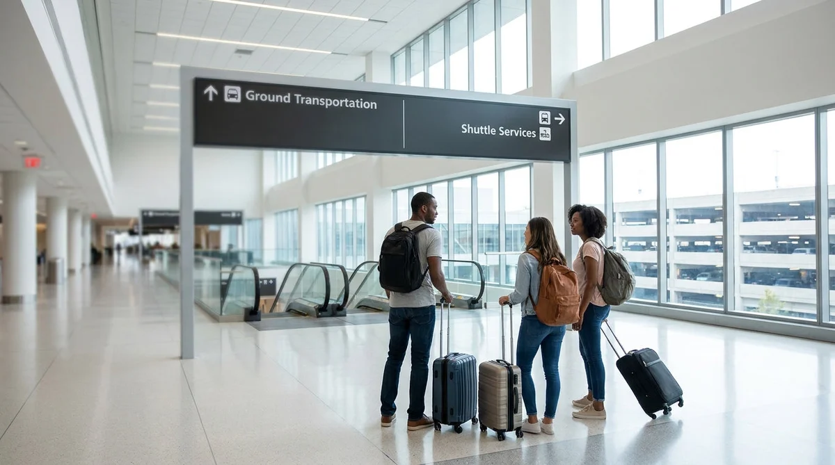 Travelers with luggage waiting for an airport shuttle outside a San Francisco car rental center