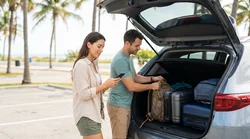 Person loading suitcases into the trunk of a car rental near sunny palm trees in Miami
