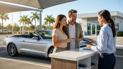 Close-up of a person handing a credit card to an agent at a Florida car hire counter