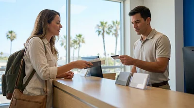 Hands holding a driving licence over the steering wheel of a car rental in California