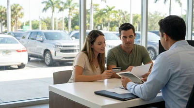 White car rental driving past palm trees on a sunny coastal highway in Florida