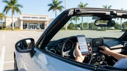 Hands holding a smartphone next to a digital dashboard screen in a Florida car rental