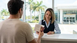 Close-up of hands presenting a driving licence at a car rental desk in Florida