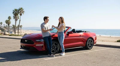 Two young adults driving a car rental along a sunny coastal highway in California