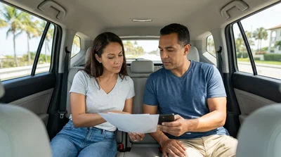 Happy passengers inside a car rental driving along a sunny palm tree lined road in Florida